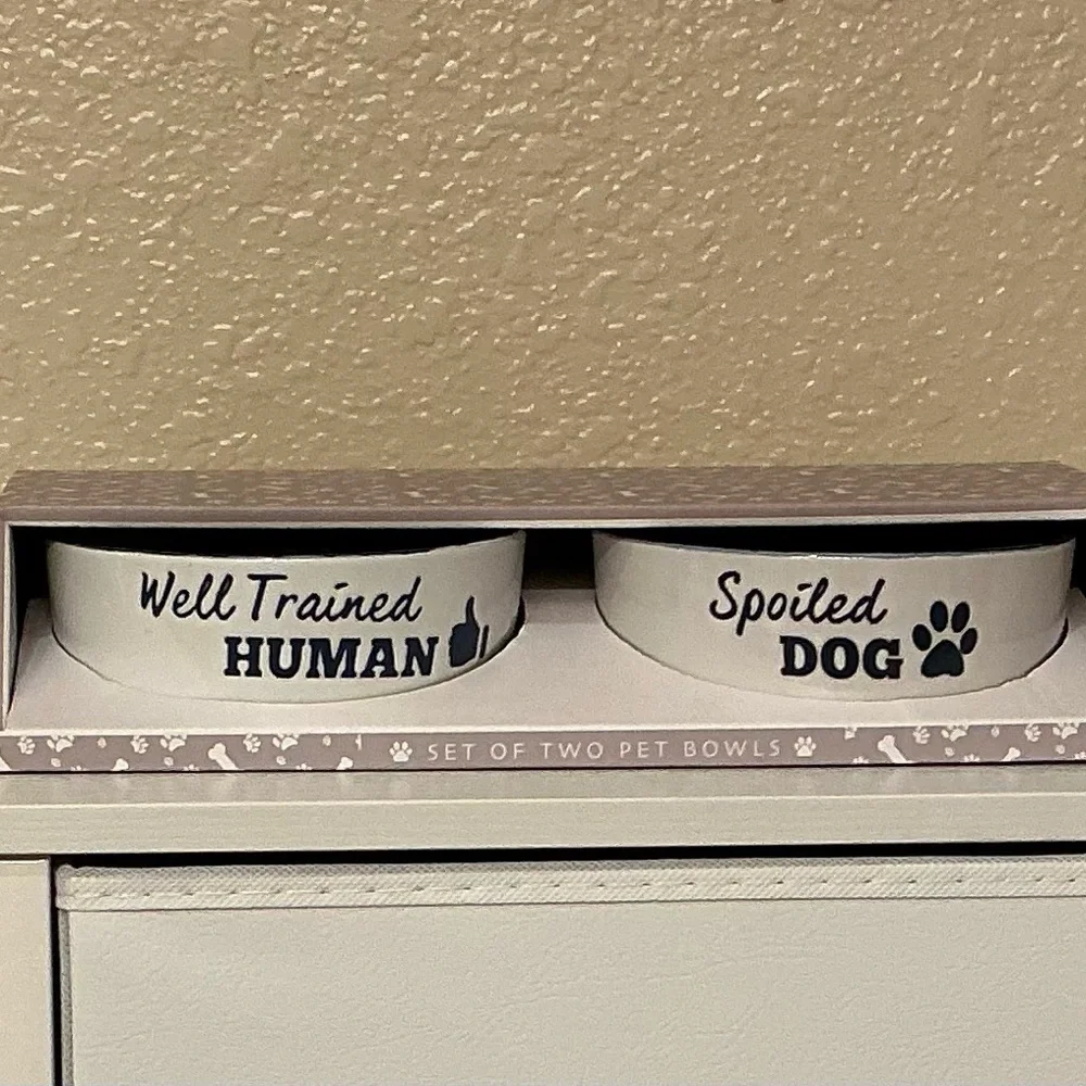 Set of 2 Pet Bowls. White & Navy ‘Well Trained Human’ & ‘Spoiled Dog’